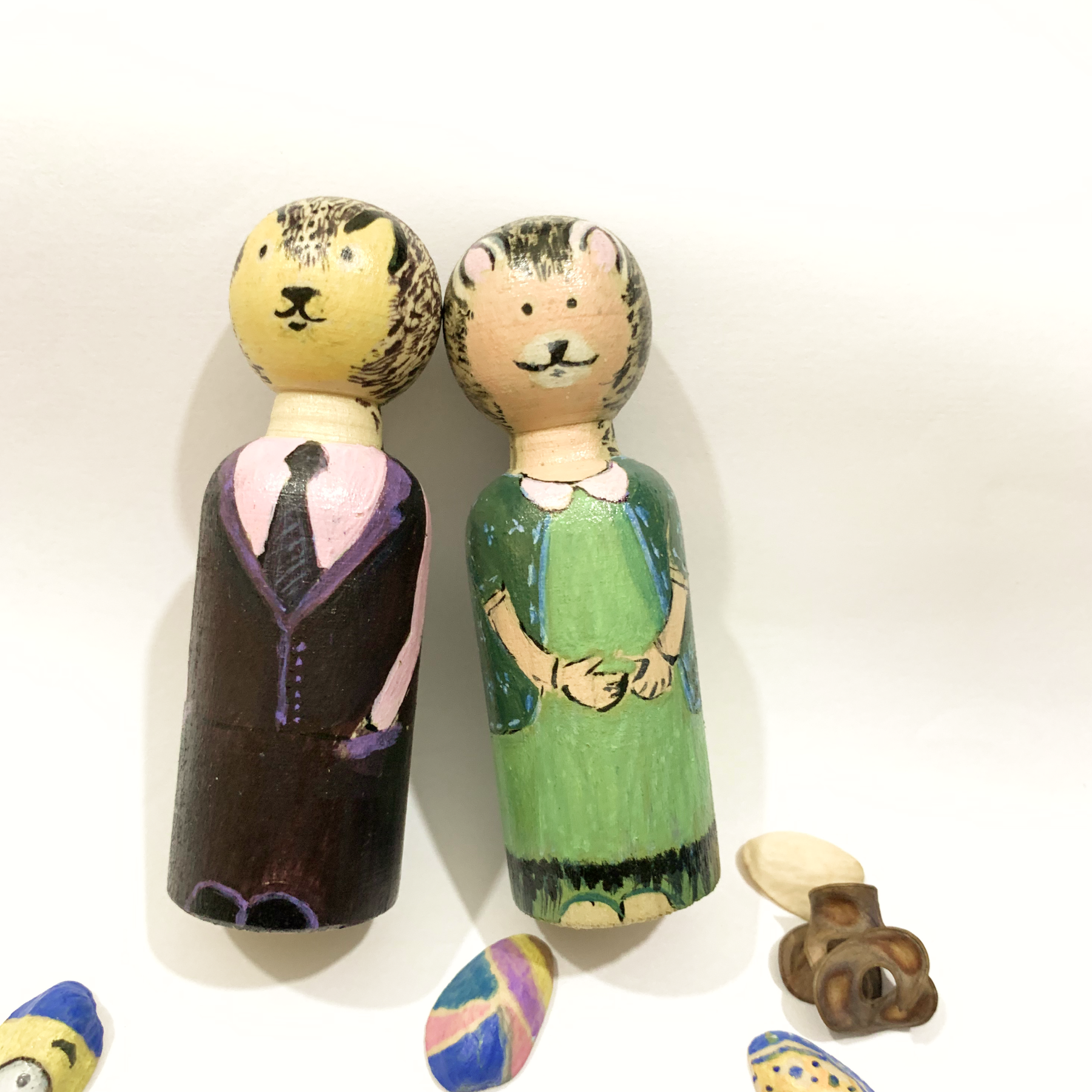 Handcrafted Wooden Peg Doll Bunny Couple – Eco-Friendly Solid Wood Animal Figures, Home Decor, and Collectibles - Image 2